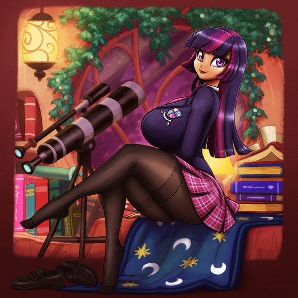 Size: 2250x2250 | Tagged: suggestive, artist:king-kakapo, artist:scorpdk, derpibooru import, twilight sparkle, human, book, breasts, busty twilight sparkle, cleavage, clothes, collaboration, female, golden oaks library, humanized, image, jacket, lamp, library, looking at you, panties, pantyhose, plaid skirt, plant, pleated skirt, png, school uniform, schoolgirl, sexy, shoes removed, sitting, skirt, smiling, smiling at you, solo, solo female, telescope, underwear, upskirt, white underwear, window