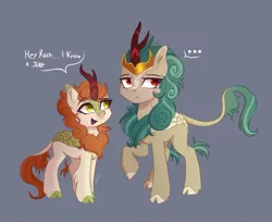 Size: 1087x889 | Tagged: safe, artist:maxi_ponie, derpibooru import, autumn blaze, rain shine, kirin, ..., duo, duo female, eyebrows, eyebrows visible through hair, female, gray background, image, jpeg, open mouth, raised hoof, simple background, talking