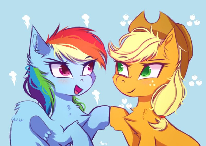 Size: 1216x864 | Tagged: safe, artist:maxi_ponie, derpibooru import, applejack, rainbow dash, earth pony, pegasus, pony, appledash, applejack's hat, blushing, chest fluff, cowboy hat, cute, dashabetes, duo, duo female, ear fluff, eye clipping through hair, eyebrows, eyebrows visible through hair, female, freckles, hat, hoofbump, image, jackabetes, jpeg, lesbian, looking at each other, looking at someone, mare, open mouth, open smile, shipping, smiling, smiling at each other, wings