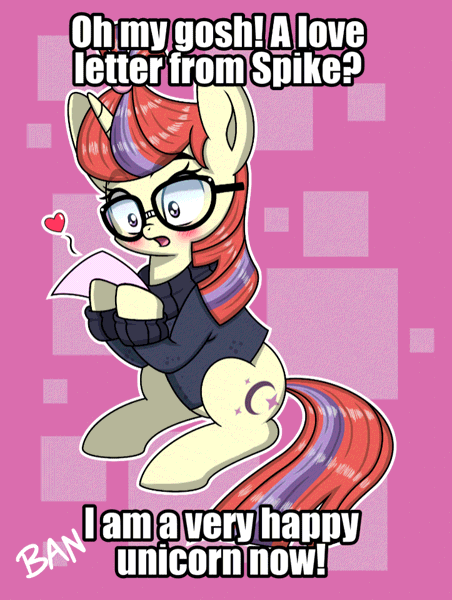 Size: 723x960 | Tagged: safe, artist:banquo0, edit, editor:undeadponysoldier, ponerpics import, ponybooru import, moondancer, pony, unicorn, blushing, clothes, cute, daaaaaaaaaaaw, dancerbetes, female, flattered, gif, glasses, happy, heart, image, implied shipping, implied spike, implied straight, in love, letter, love letter, mare, oh my gosh, signature, sitting, sweater, text