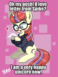 Size: 723x960 | Tagged: safe, artist:banquo0, edit, editor:undeadponysoldier, ponerpics import, ponybooru import, moondancer, pony, unicorn, blushing, clothes, cute, daaaaaaaaaaaw, dancerbetes, female, flattered, gif, glasses, happy, heart, image, implied shipping, implied spike, implied straight, in love, letter, love letter, mare, oh my gosh, signature, sitting, sweater, text