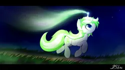 Size: 1920x1080 | Tagged: safe, artist:dshou, derpibooru import, oc, oc:neon shimmers, unofficial characters only, pony, unicorn, glow, glowing horn, grass, horn, image, jpeg, looking up, magic, magic aura, night, profile, running, solo