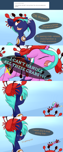 Size: 960x2310 | Tagged: safe, artist:dshou, derpibooru import, oc, oc:hoof beatz, oc:mane event, unofficial characters only, crab, earth pony, pony, unicorn, bronycon, ask, crab hat, female, hat, image, male, mare, png, speech bubble, stallion, sweat, sweatdrop