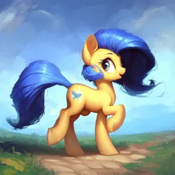 Size: 1024x1024 | Tagged: suggestive, derpibooru import, machine learning generated, stable diffusion, oc, oc:milky way, earth pony, pony, ai content, blue mane, blue tail, crotchboobs, female, grass, image, looking back, nudity, png, side view, smiling, solo, solo female, tail, trotting, walking, wrong cutie mark