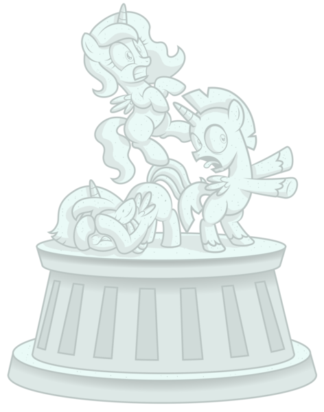 Size: 1920x2439 | Tagged: safe, artist:aleximusprime, discord, princess celestia, princess luna, alicorn, pony, flurry heart's story, high, horrified, image, petrification, png, shocked, statue, statue discord, stone, stoned