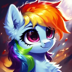 Size: 1536x1536 | Tagged: safe, derpibooru import, machine learning generated, stable diffusion, rainbow dash, pegasus, pony, abstract background, ai content, bust, cheek fluff, chest fluff, cute, dashabetes, ear fluff, eyebrows, eyelashes, female, fluffy, generator:purplesmart.ai, image, jpeg, mare, portrait, prompter:nightluna, smiling, solo