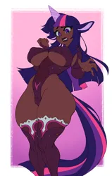 Size: 1200x1884 | Tagged: suggestive, artist:tangobat, paywalled source, twilight sparkle, human, big breasts, blackwashing, blushing, breasts, busty twilight sparkle, cleavage, colored, cutie mark on human, dark skin, dialogue, eared humanization, erect nipples, female, flat colors, horn, horned humanization, huge breasts, humanized, image, jewelry, nipple outline, offscreen character, paywall content, png, revealing clothing, ring, solo, solo female, speech bubble, tail, tailed humanization, underboob, wasp waist, whore lips, wide hips, wip
