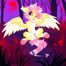 Size: 2500x2500 | Tagged: safe, artist:rurihal, derpibooru import, fluttershy, hengstwolf, pegasus, pony, werewolf, wolf, wolf pony, chest fluff, claws, ear fluff, fangs, female, floppy ears, image, looking at you, one eye closed, paw pads, paws, png, tongue out, underpaw, wings, wink, winking at you