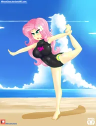 Size: 2300x3000 | Tagged: safe, artist:minusclass, derpibooru import, edit, fluttershy, equestria girls, equestria girls series, forgotten friendship, ankles, armpits, balancing, barefoot, beach, clothes, feet, female, flexible, fluttershy's wetsuit, image, ocean, png, sand, solo, swimsuit, swimsuit edit, water