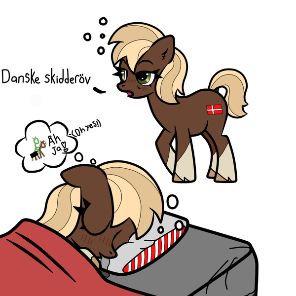 Size: 1200x1200 | Tagged: safe, artist:scandianon, derpibooru import, oc, oc:jutlandmare, ponified, earth pony, pony, bed, blanket, blushing, coat markings, danish, denmark, dock, dream, drool, drunk, drunk bubbles, flag, green eyes, hooves, horny, image, nation ponies, pillow, png, red eyes, simple background, sleeping, socks (coat marking), tail, white background