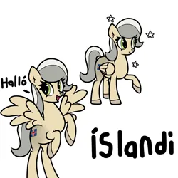 Size: 1200x1200 | Tagged: safe, artist:scandianon, derpibooru import, oc, oc:iceland horse, ponified, pegasus, pony, coat markings, facial markings, flag, green eyes, greeting, hooves, iceland, image, nation ponies, png, rearing, simple background, smiling, spread wings, stars, white background, wings