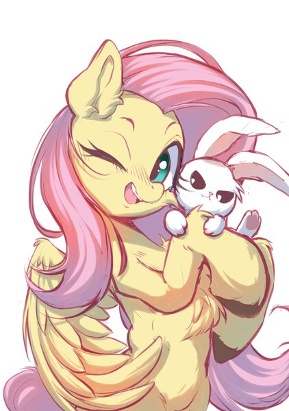 Size: 1535x2185 | Tagged: safe, artist:starbow, derpibooru import, part of a set, angel bunny, fluttershy, pegasus, pony, rabbit, animal, belly, chest fluff, cute, duo, duo male and female, ear fluff, eyebrows, female, fluffy, image, jpeg, leg fluff, looking at you, male, mare, one eye closed, open mouth, open smile, shyabetes, simple background, smiling, smiling at you, unshorn fetlocks, white background, wings, wink, winking at you