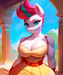 Size: 2560x3072 | Tagged: suggestive, derpibooru import, machine learning generated, stable diffusion, zipp storm, anthro, pegasus, g5, adorasexy, ai content, big breasts, breasts, buff, busty zipp storm, cleavage, clothes, cute, derpibooru exclusive, dress, female, generator:purplesmart.ai, high res, image, looking at you, muscles, png, princess, prompter:parzive1, sexy, smiling, smiling at you, solo, strong, stupid sexy zipp storm, thick, thighs, wingless