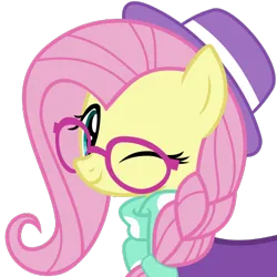Size: 500x500 | Tagged: safe, artist:the smiling pony, derpibooru import, fluttershy, pony, .svg available, alternate hairstyle, braid, bust, glasses, hat, hipstershy, image, looking at you, one eye closed, png, simple background, smiling, solo, transparent background, vector, wink, winking at you