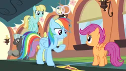 Size: 1266x720 | Tagged: safe, derpibooru import, screencap, rainbow dash, scootaloo, thunderlane, pony, equestria games (episode), friendship express, image, locomotive, png, steam locomotive, train