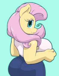 Size: 2434x3096 | Tagged: suggestive, artist:fourpundo, derpibooru import, fluttershy, anthro, pegasus, adorasexy, ass, big breasts, big eyes, blushing, bra, breasts, busty fluttershy, butt, clothes, cute, denim, eyelashes, flutterbutt, green background, hands on breasts, image, jeans, large butt, looking at you, pants, png, rear view, sexy, shirt, shortstack, sideboob, simple background, sleeveless, smiling, solo, stupid sexy fluttershy, underwear, white shirt