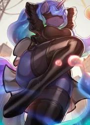 Size: 1634x2255 | Tagged: suggestive, artist:minekoo2, derpibooru import, princess luna, alicorn, anthro, 2b, arm behind head, blindfold, boots, breasts, busty princess luna, clothes, cosplay, costume, dress, female, image, jpeg, latex, latex stockings, nier: automata, shoes, skyscraper, solo, solo female, stockings, thigh boots, thigh highs, zettai ryouiki