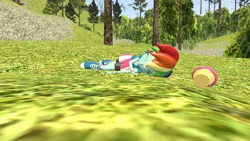 Size: 1920x1080 | Tagged: safe, artist:defeatedgirls, derpibooru import, rainbow dash, equestria girls, 3d, boots, clothes, cupcake, defeated, food, image, jpeg, rainbow dash wearing her boots, rainbow socks, ryona, shoes, socks, striped socks, unconscious