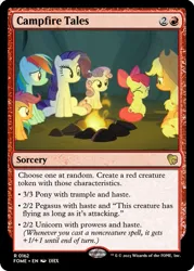 Size: 375x523 | Tagged: safe, derpibooru import, edit, apple bloom, applejack, rainbow dash, rarity, scootaloo, sweetie belle, campfire tales, campfire, ccg, cutie mark crusaders, image, magic the gathering, png, trading card, trading card edit, trading card game