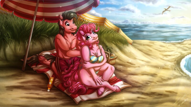 Size: 3840x2160 | Tagged: suggestive, artist:lupiarts, derpibooru import, pinkie pie, oc, oc:ace play, anthro, earth pony, unguligrade anthro, breasts, canon x oc, facial hair, female, frog (hoof), goatee, image, jpeg, male, shipping, straight, underhoof