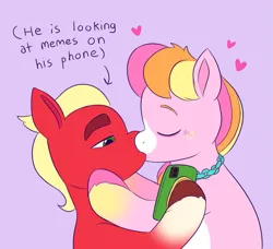 Size: 1289x1177 | Tagged: safe, artist:malarkey, derpibooru import, sprout cloverleaf, oc, oc:malarkey, earth pony, pony, g5, colored sketch, duo, heart, image, kiss on the lips, kissing, male, phone, png, shipping, sketch, stallion, text