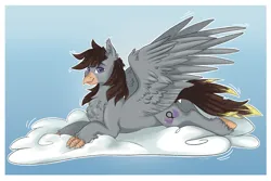 Size: 3447x2308 | Tagged: safe, artist:themstap, derpibooru import, oc, oc:luxor, classical hippogriff, hippogriff, chest fluff, cloud, image, looking at you, lying, png, simple background, smiling, solo, spread wings, wings