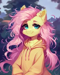 Size: 768x960 | Tagged: safe, derpibooru import, machine learning generated, stable diffusion, fluttershy, anthro, pony, ai content, chest fluff, clothes, cute, ear fluff, female, generator:purplesmart.ai, hoodie, image, jpeg, looking at you, mare, messy mane, outdoors, prompter:nightluna, shyabetes, smiling, smiling at you, smug, solo