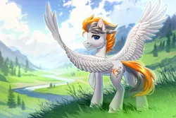 Size: 4000x2667 | Tagged: safe, artist:hakaina, derpibooru import, oc, oc:sukko, unofficial characters only, pegasus, pony, chin fluff, commission, hill, image, looking at you, looking back, male, mountain, mountain range, png, raised hoof, river, scenery, solo, spread wings, stallion, valley, water, wings, ych result