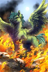 Size: 1592x2374 | Tagged: safe, artist:mrlamanstin, derpibooru import, oc, oc:light touch, unofficial characters only, pegasus, american airlines, blank flank, commission, destruction, evil grin, fire, grin, image, macro, plane, png, revenge, smiling, solo, spread wings, underhoof, wings