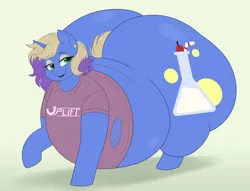 Size: 2700x2059 | Tagged: suggestive, artist:montsundere, derpibooru import, oc, oc:blue ambrosia, unofficial characters only, unicorn, belly, big belly, clothes, commission, fat, female, image, large butt, milf, obese, png, shirt, simple background, solo, the ass was fat, wardrobe malfunction, ych result
