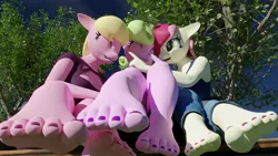 Size: 2560x1440 | Tagged: suggestive, artist:artempredator, ponerpics import, daisy, flower wishes, lily, lily valley, roseluck, anthro, 3d, feet, female, fetish, flower trio, foot fetish, foot focus, footsie, image, jpeg, source filmmaker, toes