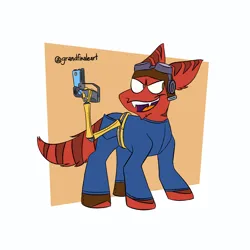 Size: 2000x2000 | Tagged: safe, artist:grandfinaleart, derpibooru import, oc, unofficial characters only, original species, alternate universe, brown eyes, canines, clothes, digital art, facial hair, goatee, goggles, goggles on head, grin, image, jumpsuit, laser gun, laser pistol, male, png, red fur, red tail, robotic arm, simple background, smiling, solo, striped tail, stripes, tail, weapon