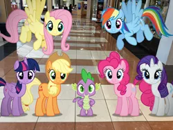 Size: 1280x960 | Tagged: safe, edit, editor:undeadponysoldier, photographer:undeadponysoldier, ponerpics import, ponybooru import, applejack, fluttershy, pinkie pie, rainbow dash, rarity, spike, twilight sparkle, twilight sparkle (alicorn), alicorn, dragon, earth pony, pegasus, pony, unicorn, best friends, best friends until the end of time, cute, female, group, group photo, hanging out, happy, image, irl, irl background, looking at you, male, mall, mane seven, mane six, mare, photo, png, ponies in real life, shopping, shopping mall, smiling, smiling at you, tiled floor