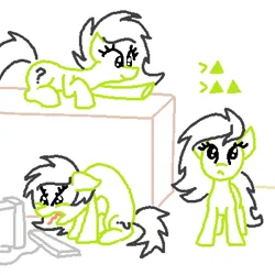 Size: 800x800 | Tagged: safe, artist:purblehoers, derpibooru import, oc, oc:anonfilly, earth pony, pony, computer, female, filly, foal, image, looking up, ms paint, png, raised hoof, screaming, simple background, sitting, standing, tongue out, triforce, white background