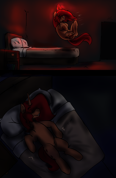 Size: 2650x4075 | Tagged: safe, artist:gothicgalaxies, artist:sile-animus, derpibooru import, oc, oc:sile, unicorn, comic:the ghost mare-nsion in the woods, bed, comic, dark, horn, image, jumping, magic, mansion, night, png, sleeping, spooky, unicorn oc