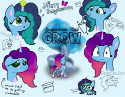 Size: 680x531 | Tagged: safe, artist:funnyk16, derpibooru import, pony, unicorn, g5, my little pony: make your mark, spoiler:g5, spoiler:my little pony: make your mark chapter 5, ball, blue background, bracelet, cup, cutie mark, drink, drinking, female, friendship bracelet, image, it all takes time, jewelry, jpeg, mare, misty brightdawn, my little pony: make your mark chapter 5, rebirth misty, sad, simple background, song reference, tennis ball, text, tree