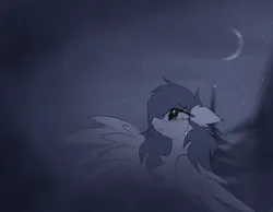 Size: 1847x1436 | Tagged: safe, artist:coarfdraw, derpibooru import, oc, oc:jet blast, unofficial characters only, pegasus, pony, chest fluff, crying, image, monochrome, moon, pegasus oc, pine tree, png, side view, spread wings, tree, wings