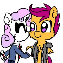 Size: 1000x1000 | Tagged: safe, artist:sweetsterty, derpibooru import, scootaloo, sweetie belle, pegasus, semi-anthro, unicorn, cheek fluff, chest fluff, clothes, duo, duo female, female, image, jacket, lesbian, letter, love letter, png, school uniform, schoolgirl, scootabelle, shipping