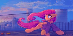 Size: 6000x3000 | Tagged: safe, artist:stravy_vox, derpibooru import, fluttershy, pegasus, pony, city, clothes, complex background, female, image, looking back, mare, png, running, solo, sunrise