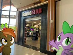 Size: 1032x774 | Tagged: safe, ponerpics import, ponybooru import, button mash, spike, dragon, earth pony, pony, buttonbetes, colt, cute, foal, gamestop, hat, image, jpeg, male, mall, propeller hat, shopping, shopping mall, spikabetes