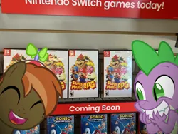 Size: 1032x774 | Tagged: safe, ponerpics import, ponybooru import, button mash, spike, dragon, earth pony, pony, box art, buttonbetes, colt, cute, excited, foal, gamestop, grin, happy, hat, image, jpeg, male, mall, nintendo, nintendo switch, propeller hat, shopping, shopping mall, smiling, spikabetes, super mario bros., super mario rpg, video game