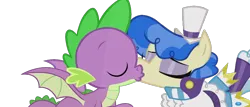 Size: 882x378 | Tagged: safe, artist:punchingshark, edit, ponerpics import, ponybooru import, vector edit, sapphire shores, spike, dragon, earth pony, pony, clothes, female, image, interspecies, kiss on the lips, kissing, male, mare, png, shipping, simple background, spikephire, spread wings, straight, transparent background, vector, winged spike, wings