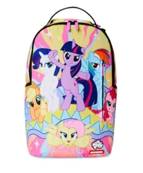 Size: 390x472 | Tagged: safe, derpibooru import, official, applejack, fluttershy, pinkie pie, rainbow dash, rarity, twilight sparkle, earth pony, pegasus, pony, unicorn, applejack's hat, applejack's there for once, backpack, bipedal, cowboy hat, female, flying, g4, half-closed eyes, hat, image, mane six, mare, merchandise, my little pony logo, png, simple background, sprayground, unicorn twilight, white background
