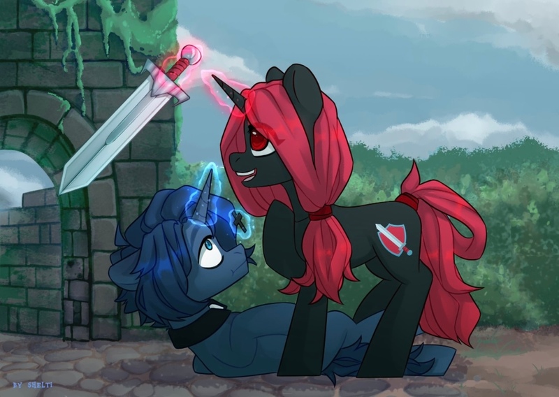 Size: 1170x831 | Tagged: safe, artist:shelti, derpibooru import, oc, unofficial characters only, pony, unicorn, cross, female, image, jpeg, male, mare, red and black oc, ruins, stallion, sword, weapon