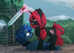 Size: 1170x831 | Tagged: safe, artist:shelti, derpibooru import, oc, unofficial characters only, pony, unicorn, cross, female, image, jpeg, male, mare, red and black oc, ruins, stallion, sword, weapon