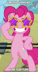 Size: 600x1136 | Tagged: safe, derpibooru import, edit, edited edit, edited screencap, machine learning assisted, screencap, pinkie pie, rainbow dash, earth pony, pony, party pooped, ai content, ai cover, animated, bipedal, caption, cropped, elton john, female, grin, i'm still standing, image, image macro, mare, meme, memeful.com, rvc, smiling, solo focus, sound only, sunglasses, text, webm