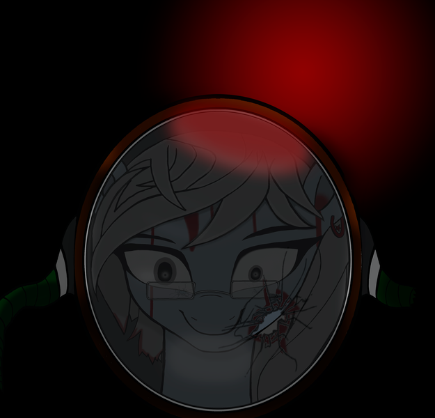 Size: 2125x2039 | Tagged: safe, alternate version, artist:truedepressed, derpibooru import, earth pony, pony, black background, blood, ear piercing, earring, gas mask, glasses, image, insanity, jewelry, mask, piercing, png, scientist, simple background, solo, stalker