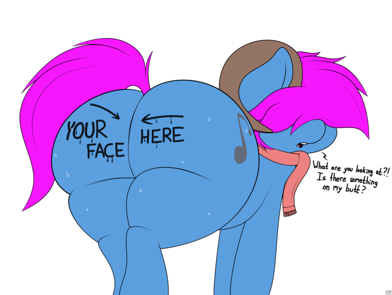 Size: 3920x2956 | Tagged: questionable, artist:blitzyflair, derpibooru import, oc, earth pony, pony, body writing, butt, butt focus, clothes, curvy, cute, dummy thicc, embarrassed, fat, flustered, goat horns, horns, huge butt, image, large butt, looking at you, male, oblivious, plot, png, presenting, scarf, simple background, solo, solo male, speech bubble, stallion, standing, sweat, sweaty butt, tail, the ass was fat, thick, white background, wide hips