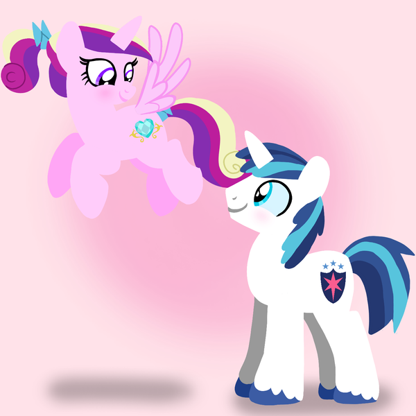 Size: 1400x1400 | Tagged: safe, artist:mlplary6, derpibooru import, princess cadance, shining armor, alicorn, pony, unicorn, blushing, boyfriend and girlfriend, female, flying, image, looking at each other, looking at someone, male, mare, png, shiningcadance, shipping, smiling, smiling at each other, stallion, straight, young cadance, young shining armor, younger