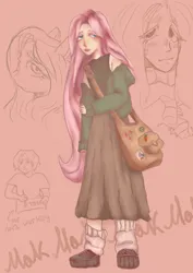 Size: 749x1060 | Tagged: safe, artist:89mak67, derpibooru import, discord, fluttershy, oc, draconequus, human, pony, alternate hairstyle, artistsona, bag, boots, clothes, eyeshadow, female, hoodie, humanized, image, jpeg, makeup, mare, off shoulder, paper, peace symbol, pencil, pink background, shirt, shoes, simple background, skirt, socks, solo, sweat, sweatdrop, t-shirt, tanktop